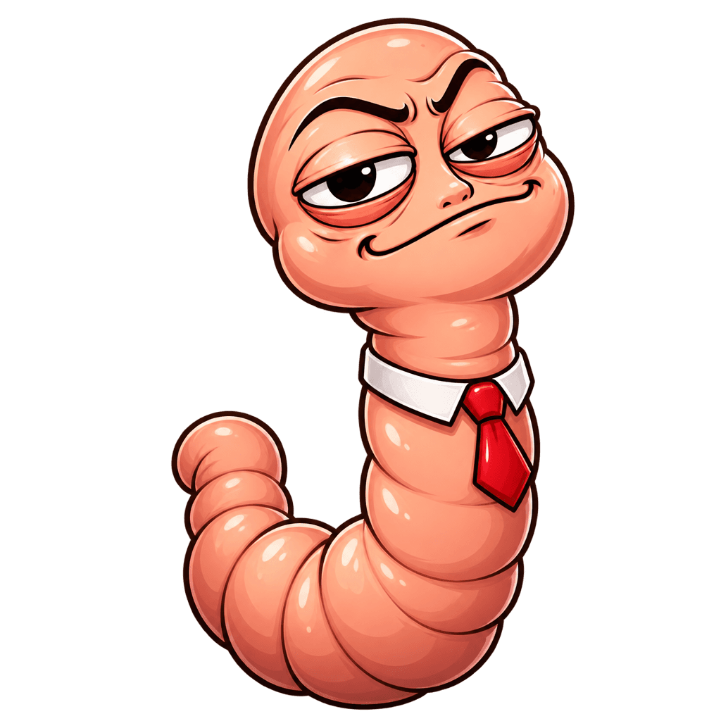 Smugly the worm wearing a white collar and red tie, looking smug